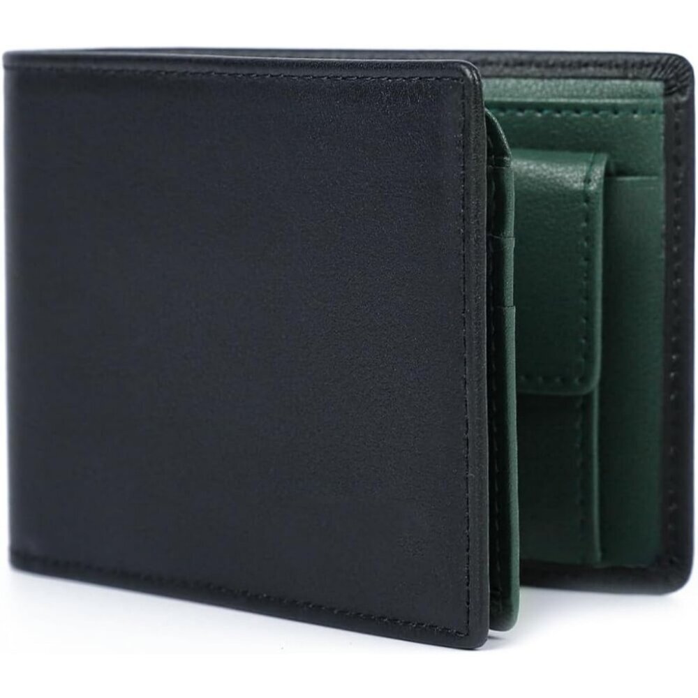 Men's Green Front Coin Pocket Flip Up Leather Wallet Card Blocking Slim Bifold